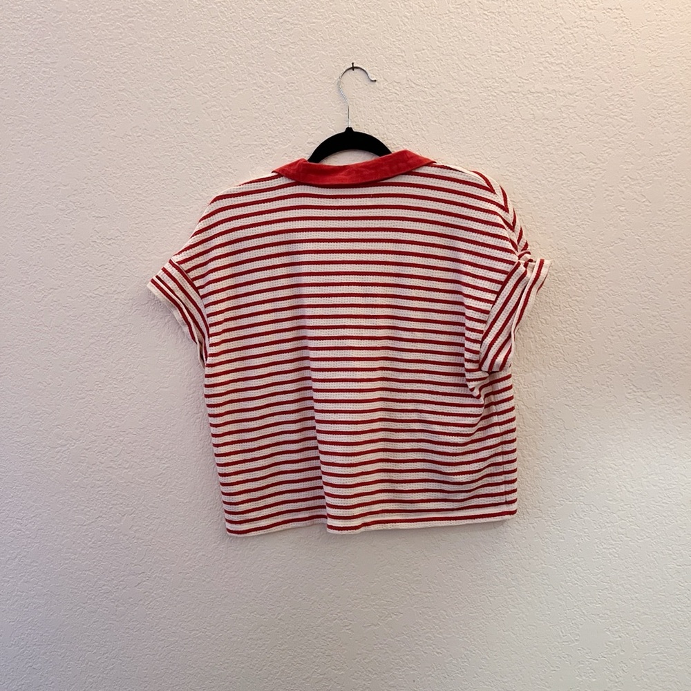 Madewell Red and White Short Sleeve Crop Polo T-shirt - Picture 4 of 6